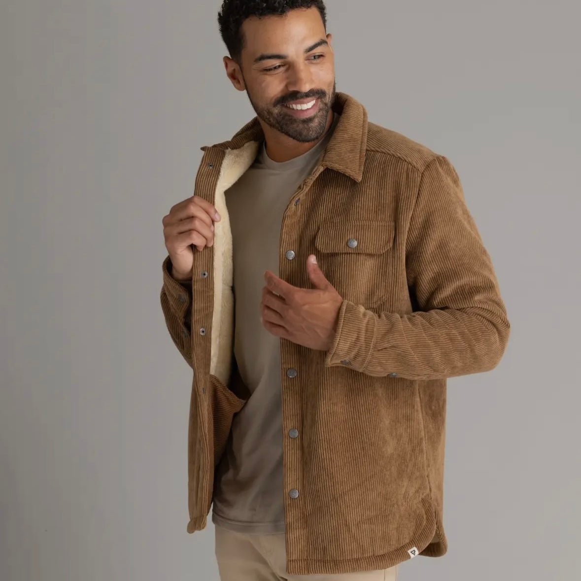 LIV Outdoor Men's Remy Sherpa Lined Corduroy Shacket in Sepia