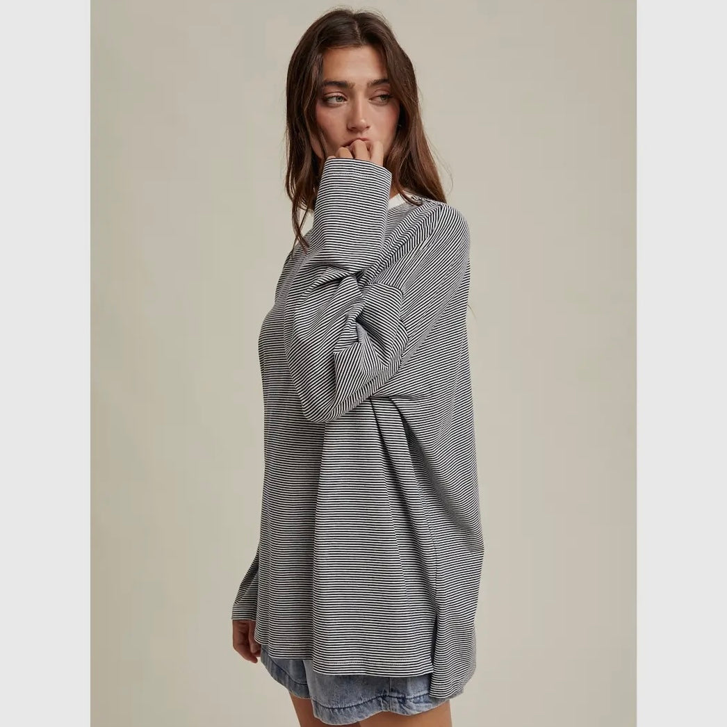 Oversized Striped Knit Top in Navy/White