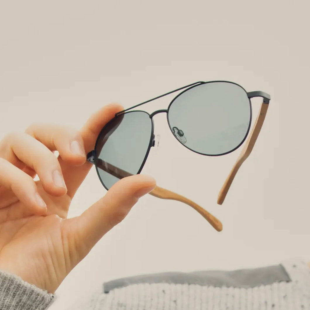 Blue Planet Eco-Eyewear Amador Black Aviator Wood Polarized Sunglass