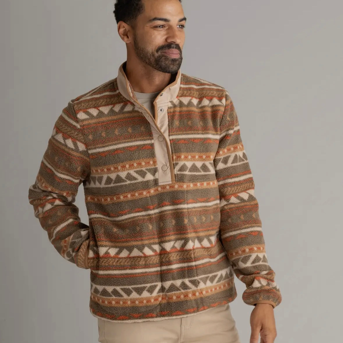 LIV Outdoor Men's Subzero Heavy Fleece Snap Tee in Sepia Aztec Stripe