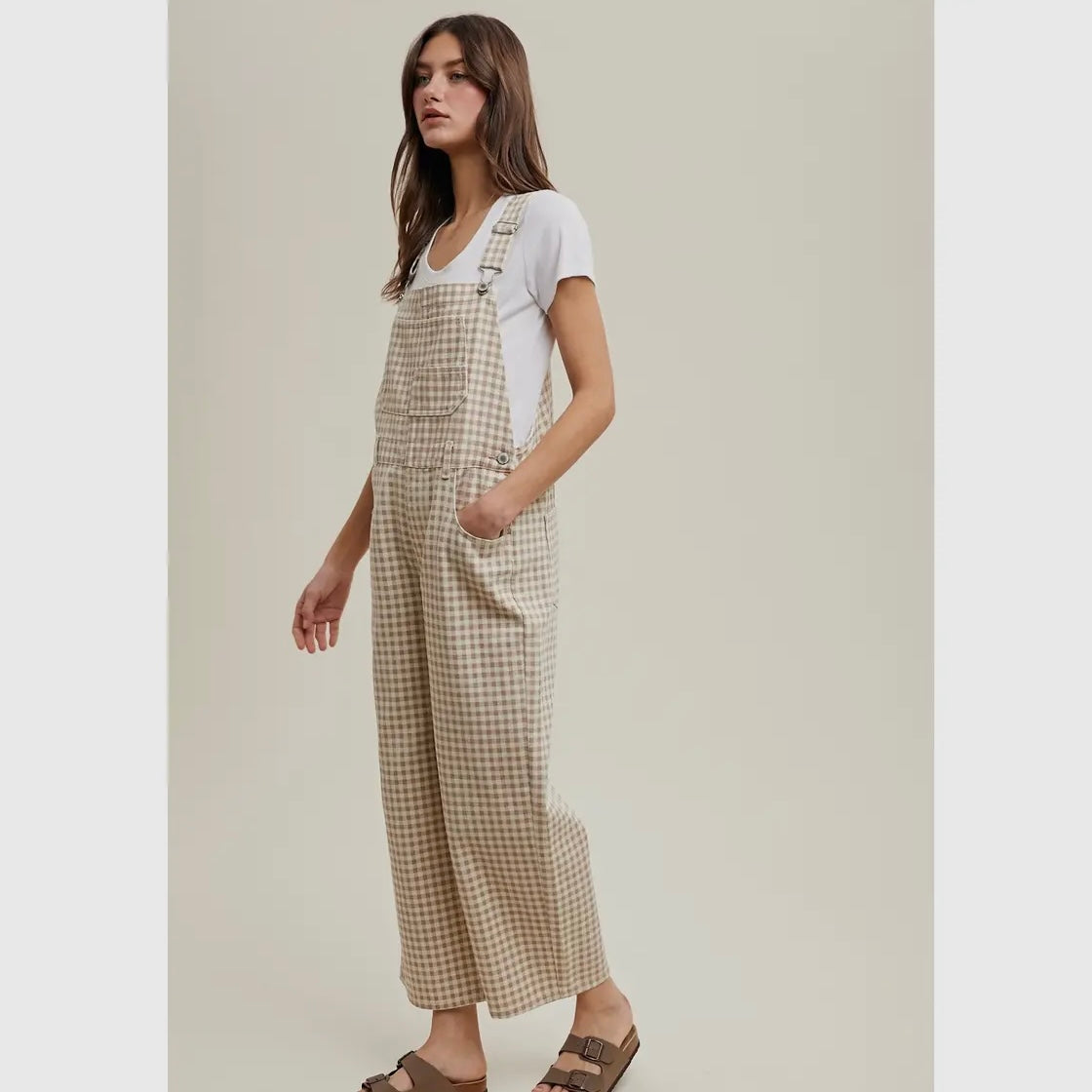 Gingham Denim Overall in Cream/Taupe