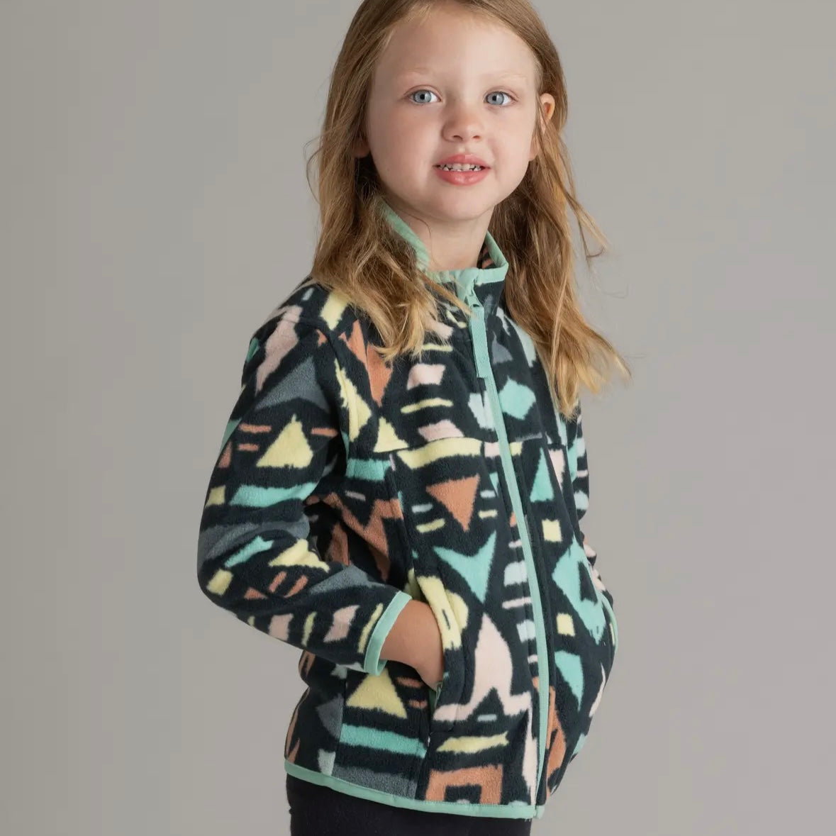 LIV Outdoor Girls Microfleece Full Zip Jacket in Neptune Green Ethnic Diamond