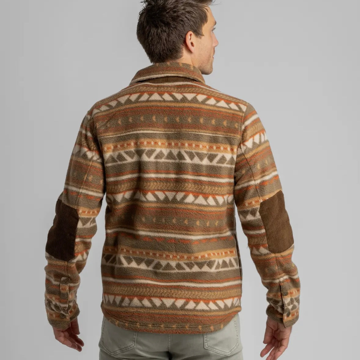 LIV Outdoors Men's Bear Pebbled Fleece Shirt Jacket in Print Sepia Aztec Stripe