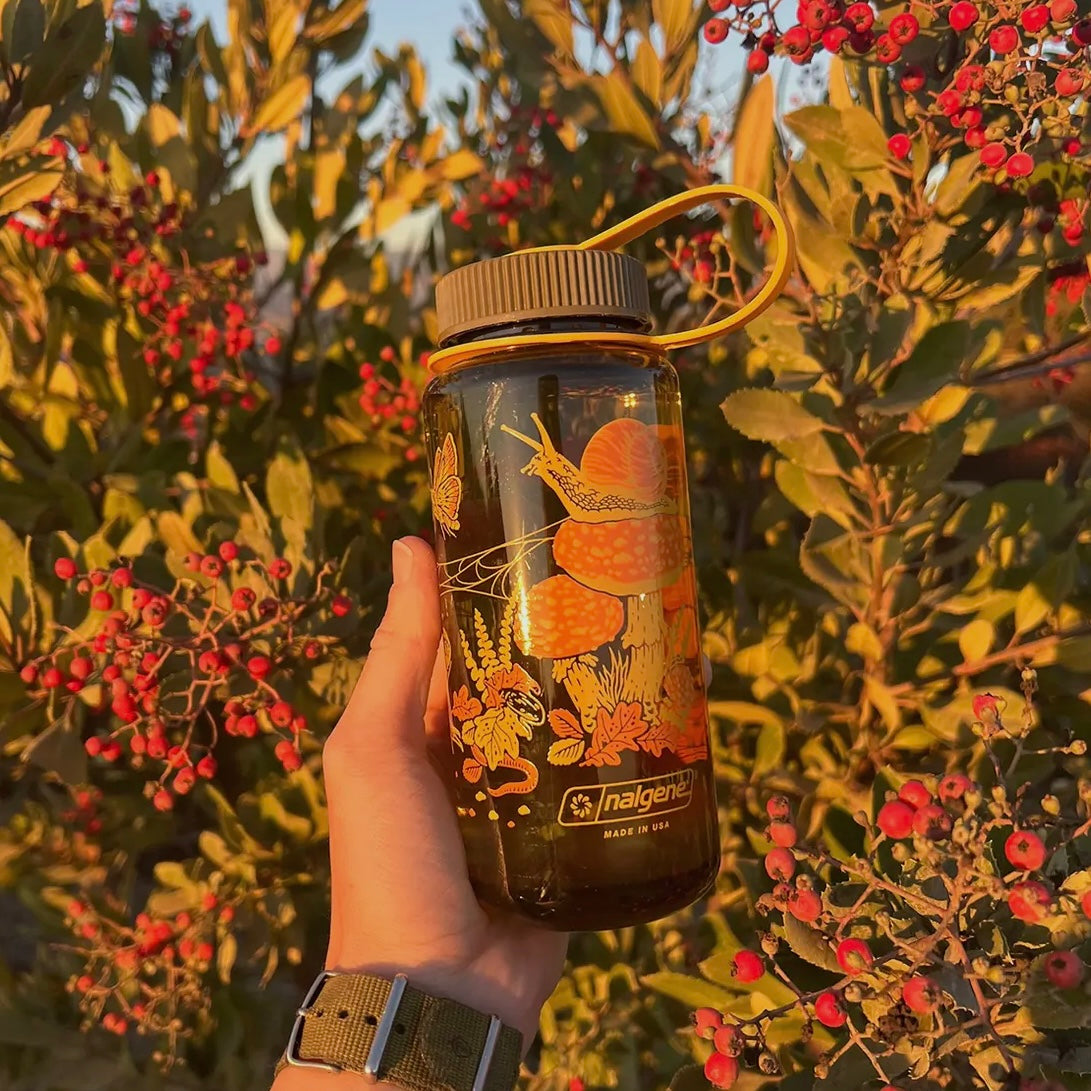 Mustard Beetle Illustration Toad & Mushrooms, 16oz Wide Mouth Nalgene Water Bottle
