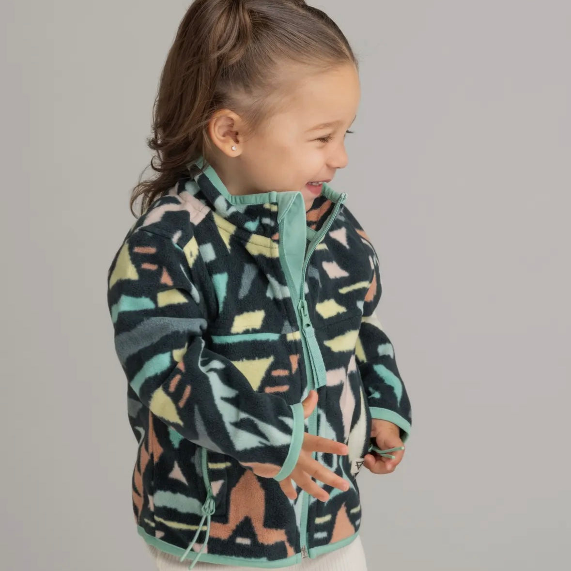 LIV Outdoor Girls Microfleece Full Zip Jacket in Neptune Green Ethnic Diamond