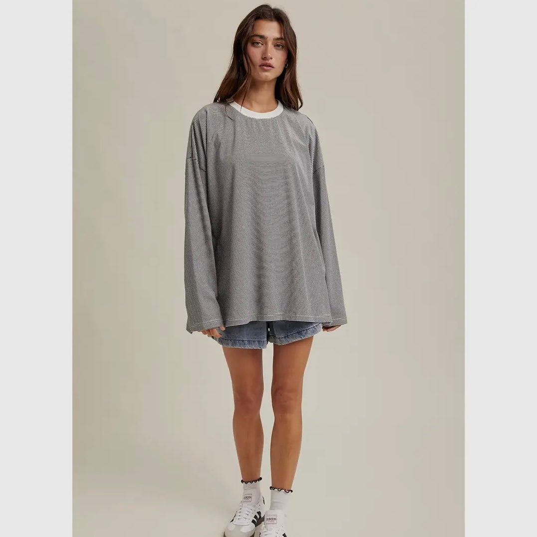 Oversized Striped Knit Top in Navy/White