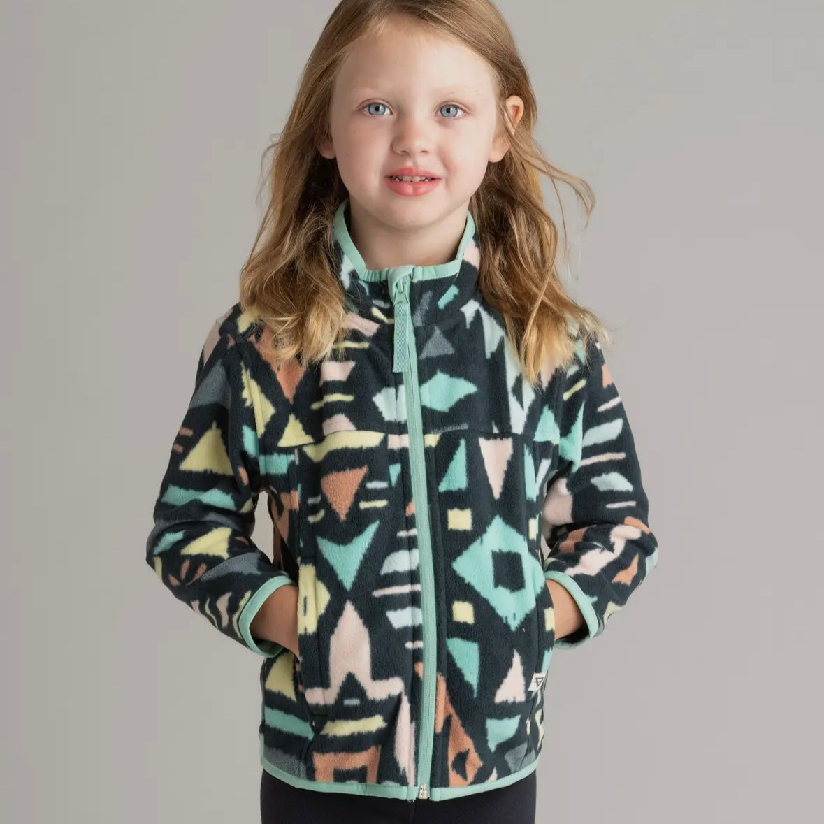 LIV Outdoor Girls Microfleece Full Zip Jacket in Neptune Green Ethnic Diamond
