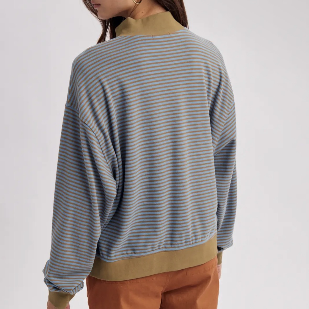 Striped Mock Neck Long Sleeve Knit Top - Camel / Blue