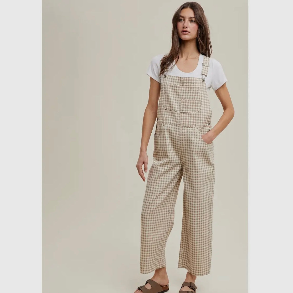 Gingham Denim Overall in Cream/Taupe