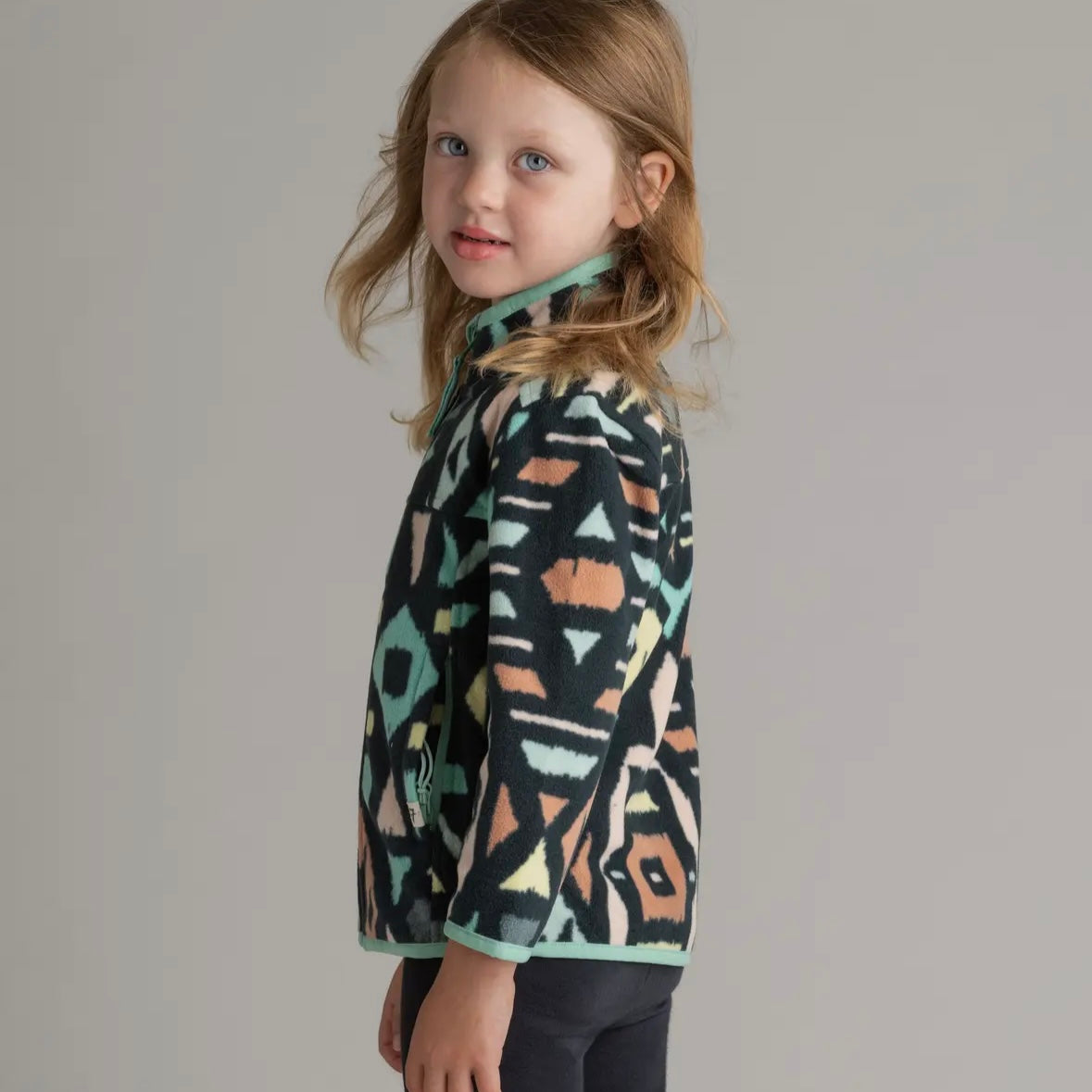 LIV Outdoor Girls Microfleece Full Zip Jacket in Neptune Green Ethnic Diamond