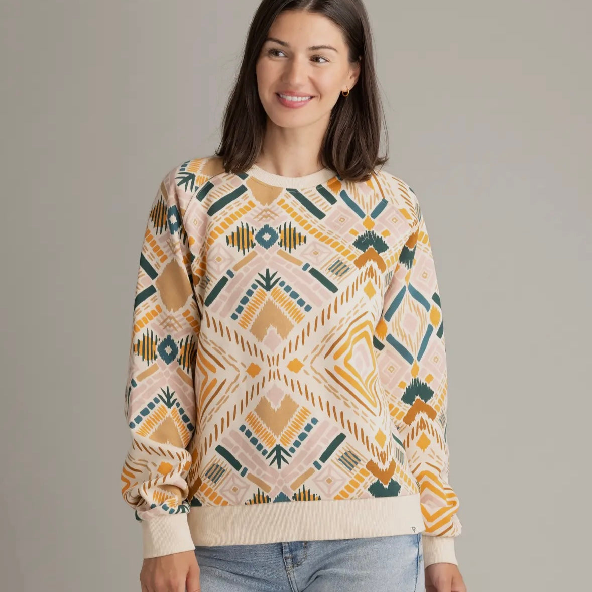 LIV Outdoor Women's Gabriella Graphic Raglan Crew in Macadamia Mosaic Aztec