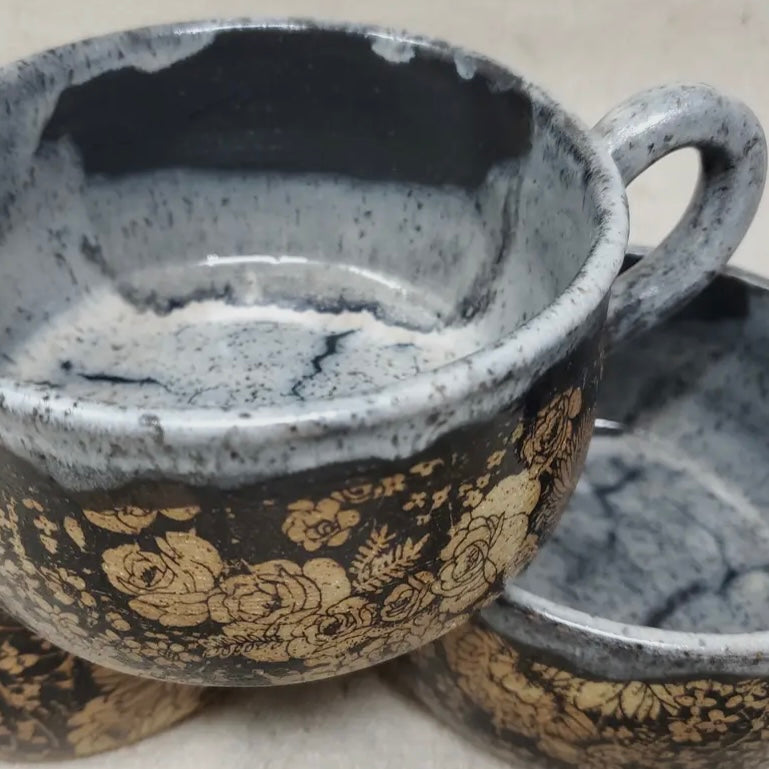 Turtle Hollow Pottery Flower Garden Soup Bowl in Snow Storm Glaze