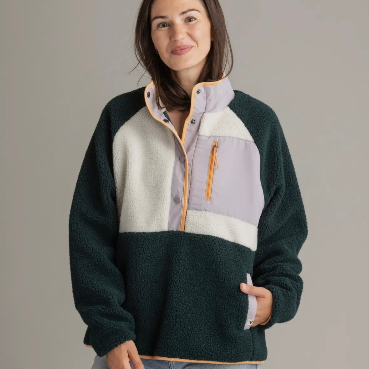 LIV Outdoor Women's Tara Quarter Snap Berber Pullover in Ponderosa Pine Mix