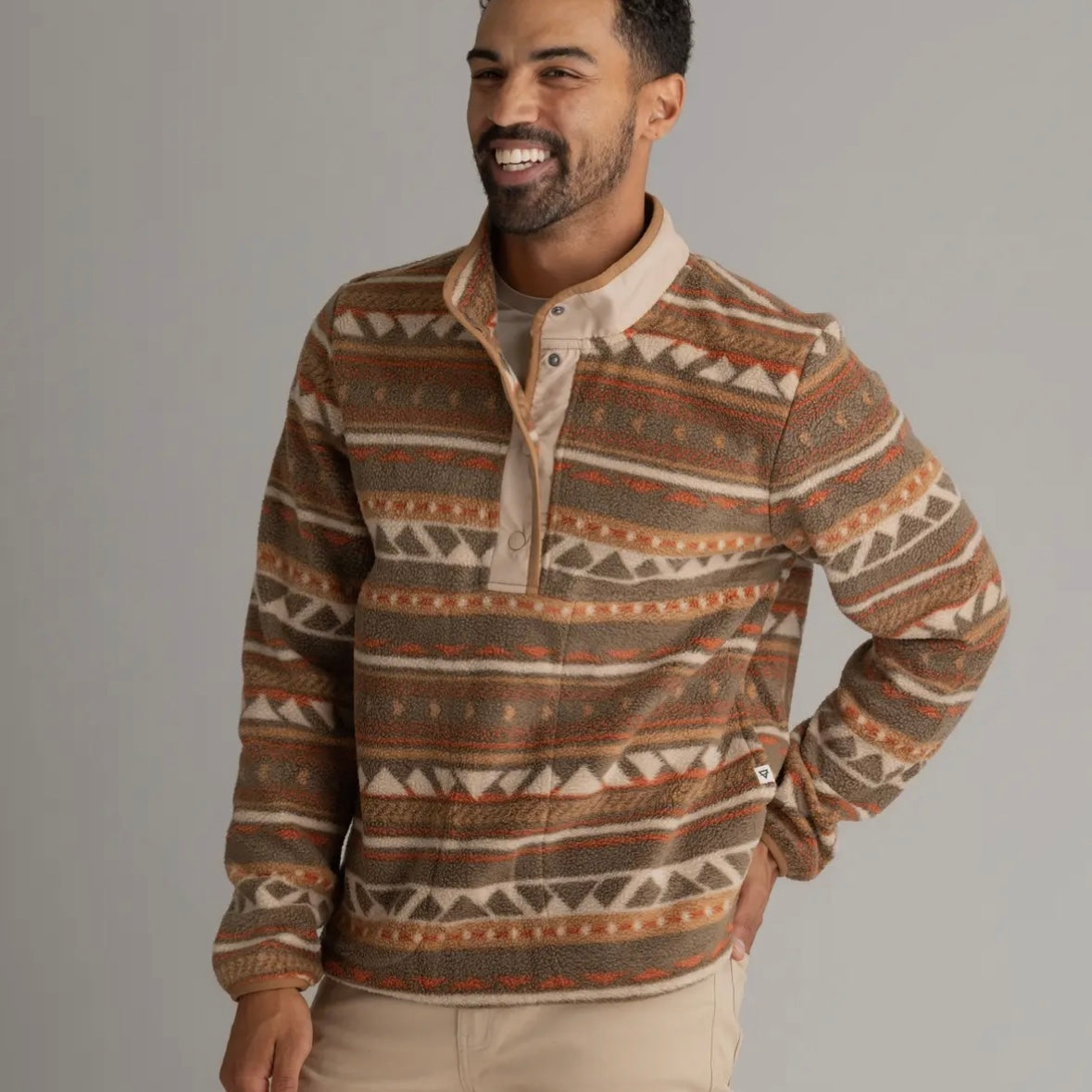 LIV Outdoor Men's Subzero Heavy Fleece Snap Tee in Sepia Aztec Stripe