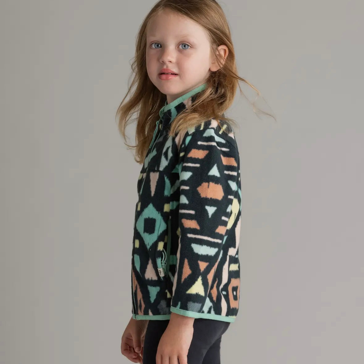 LIV Outdoor Girls Microfleece Full Zip Jacket in Neptune Green Ethnic Diamond