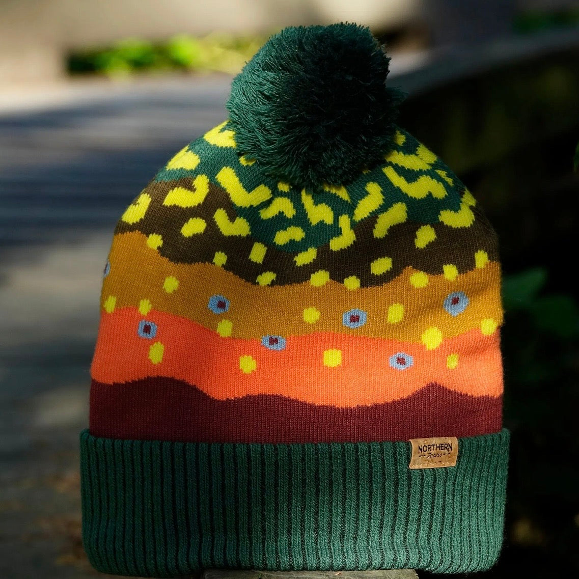 Trout Pattern Knit Beanie Hat with Pom