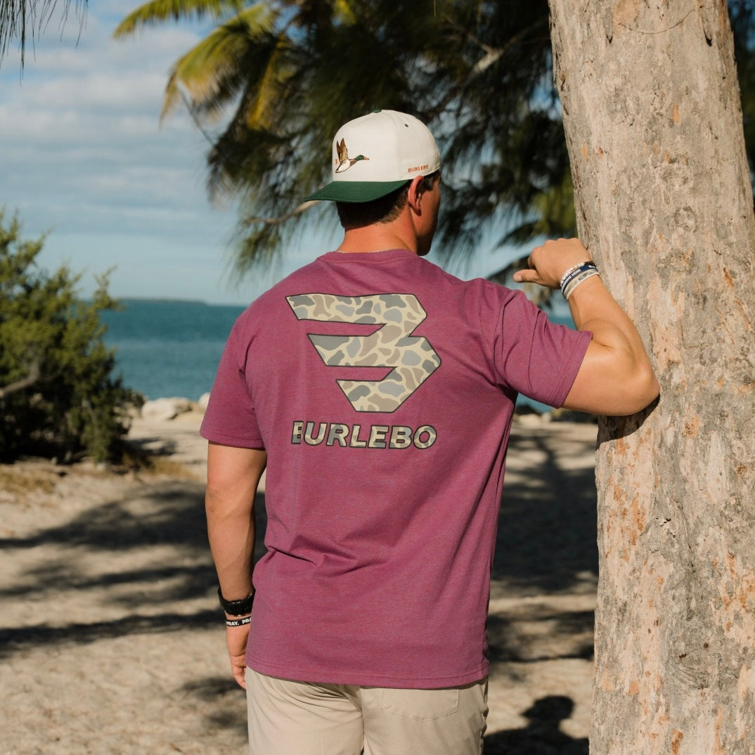 Burlebo Short Sleeve Tee - Flying B Classic Deer Camo - Heather Wine
