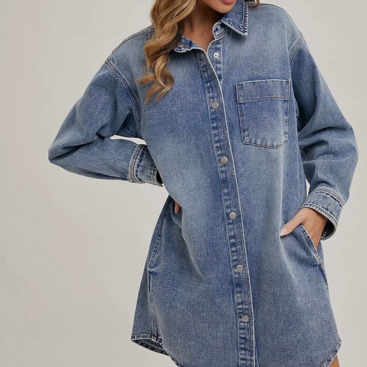 Denim Button Down Shirt Dress with Pockets