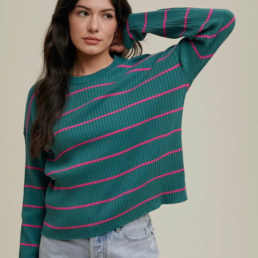 Striped Basic Ribbed Knit Sweater in Teal/Pink