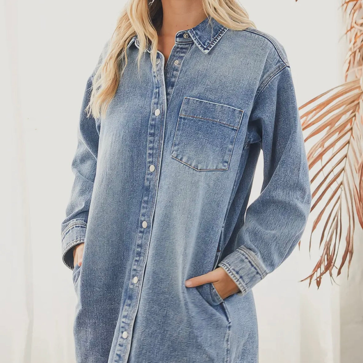 Denim Button Down Shirt Dress with Pockets