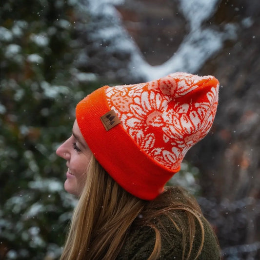 The Montana Scene Daisy Fold Over Beanie - Orange