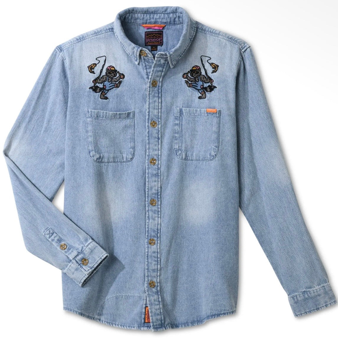 Savage Supply Dancing Raccoon Roamin' Long Sleeve Button Down - Washed Denim