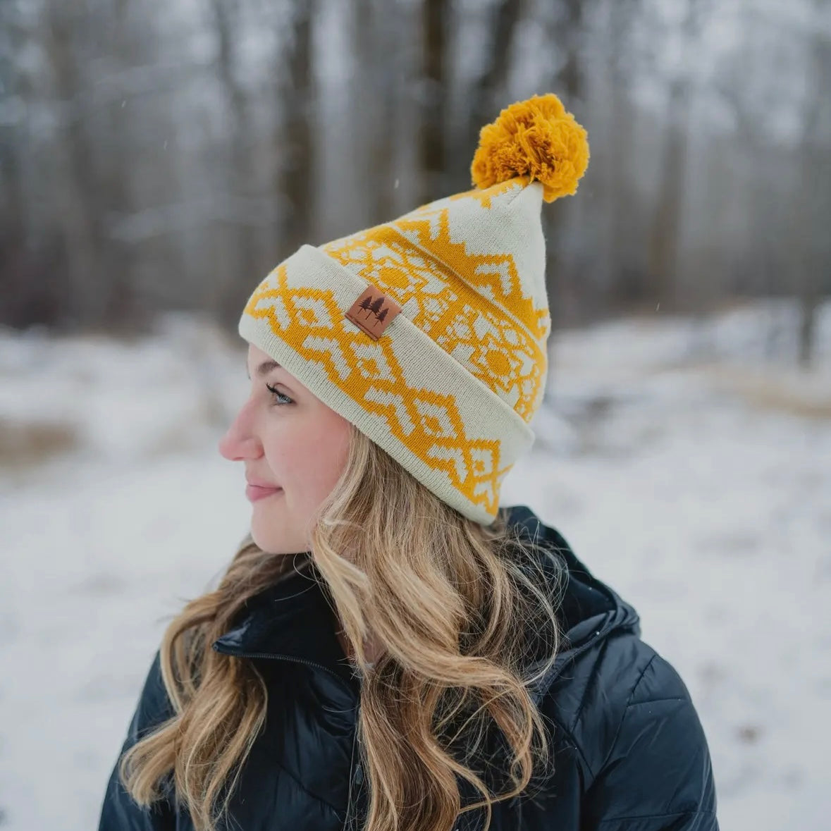 The Montana Scene Snowflake Pattern Pom Beanie - Mustard