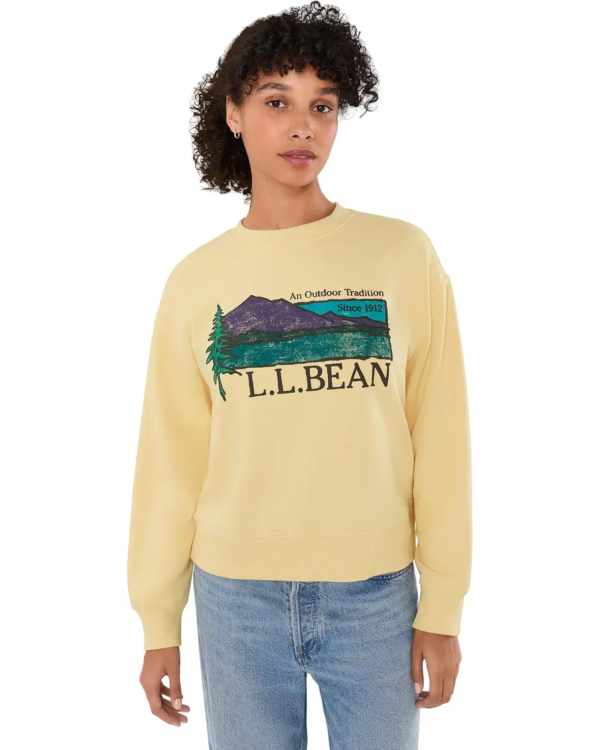 L.L. Bean Mountain Classic Logo Crew Sweatshirt W's Reg Straw Painted Outdoor Tradition