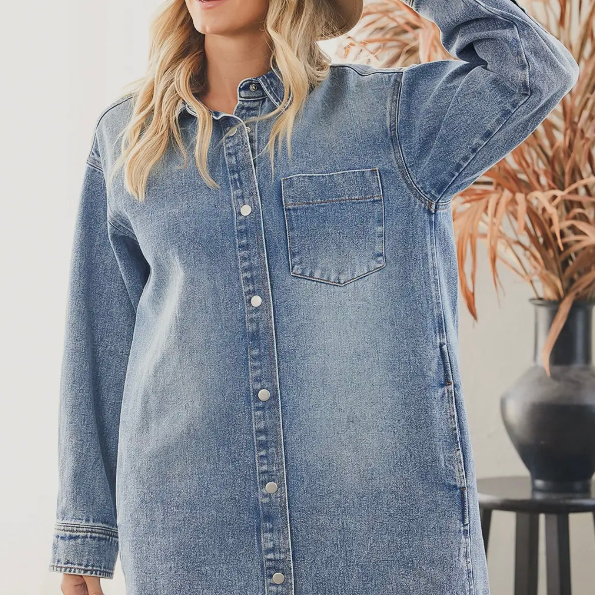 Denim Button Down Shirt Dress with Pockets