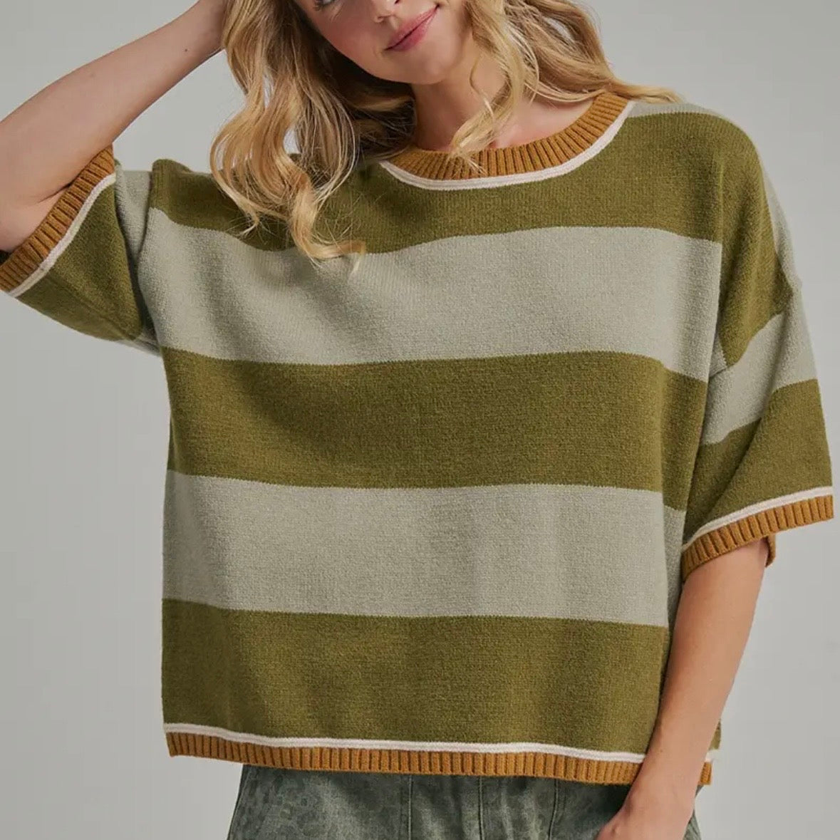 Wide Stripe Loose Fit Drop Shoulder Sweater - Sage/Olive