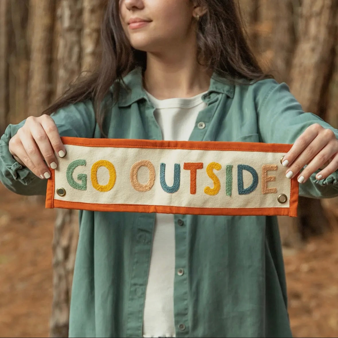 Rainbow Go Outside Embroidered Canvas Banner