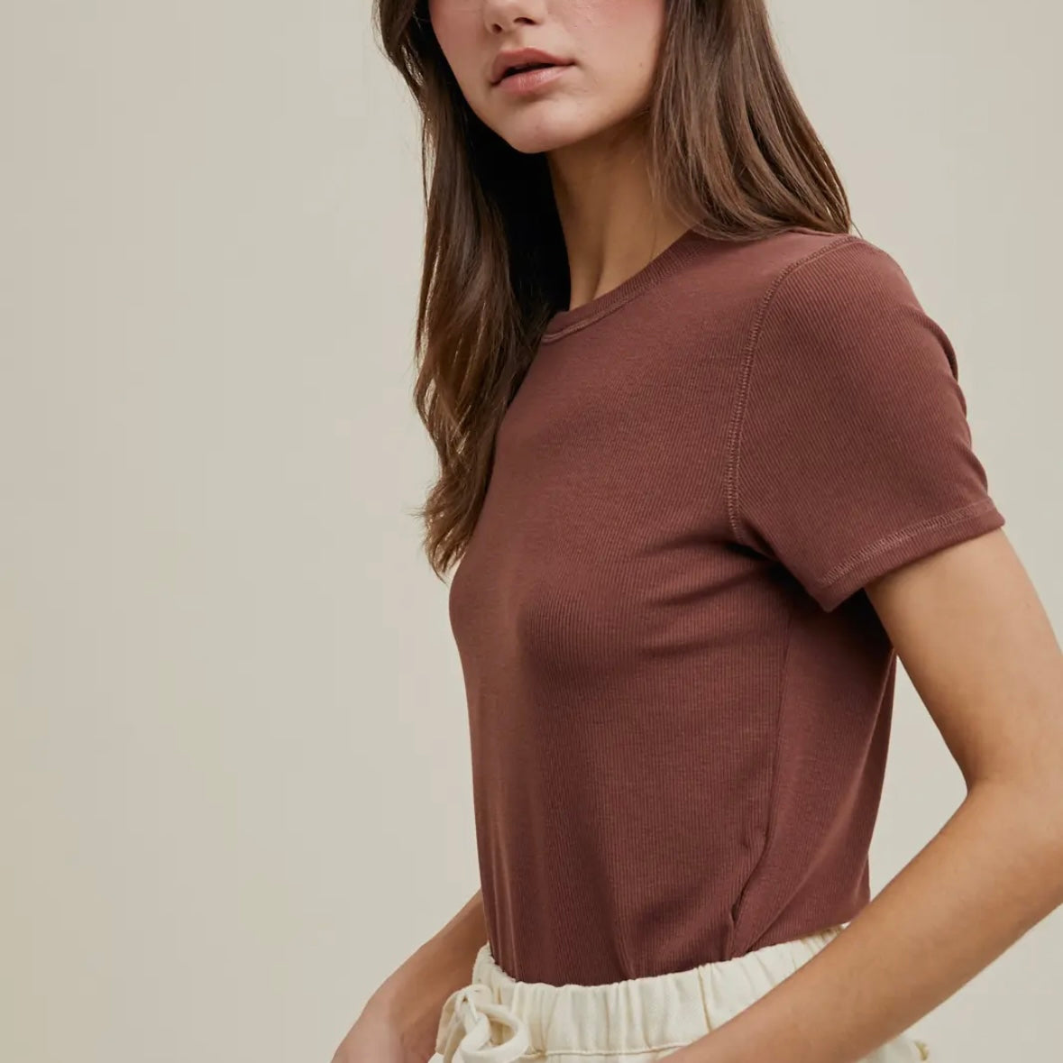 Ribbed Knit Basic T-Shirt in Espresso