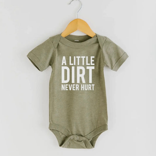 Nature Supply Co A Little Dirt Never Hurt Baby Onesie in Heather Olive