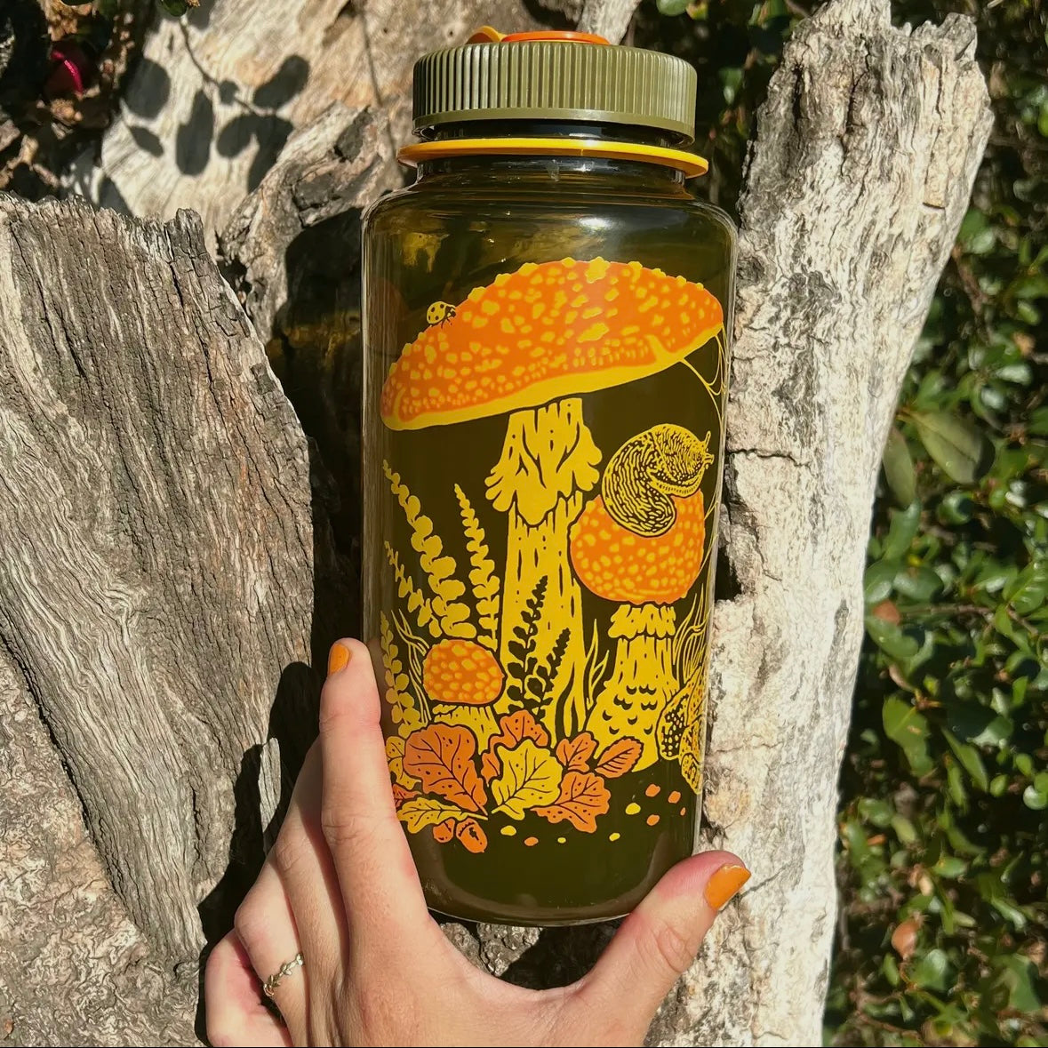 Mustard Beetle Illustration Toad & Mushrooms, 32oz Wide Mouth Nalgene Water Bottle