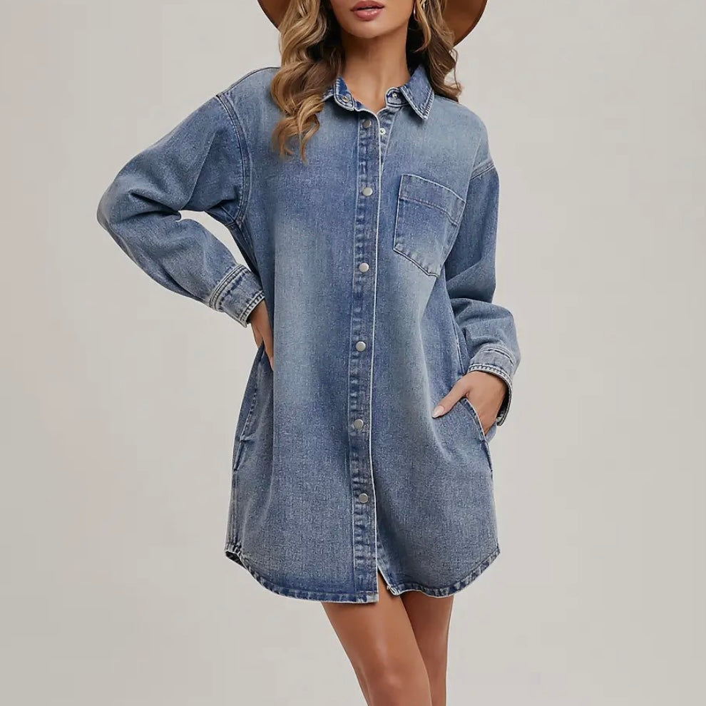 Denim Button Down Shirt Dress with Pockets