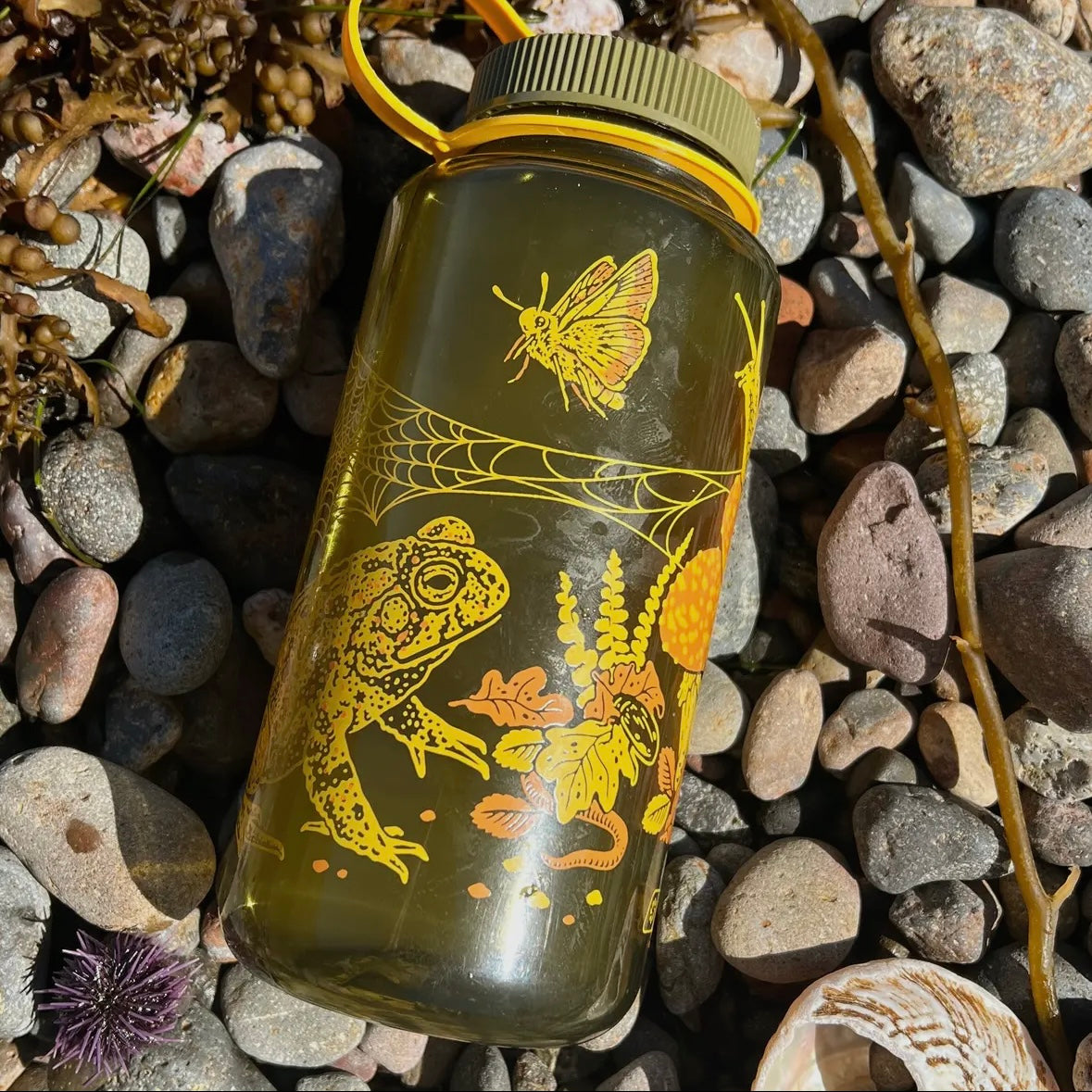 Mustard Beetle Illustration Toad & Mushrooms, 32oz Wide Mouth Nalgene Water Bottle