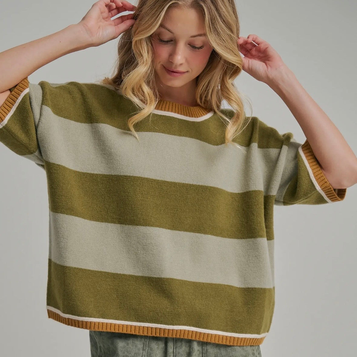 Wide Stripe Loose Fit Drop Shoulder Sweater - Sage/Olive