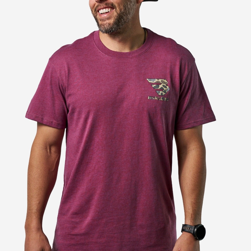 Burlebo Short Sleeve Tee - Flying B Classic Deer Camo - Heather Wine
