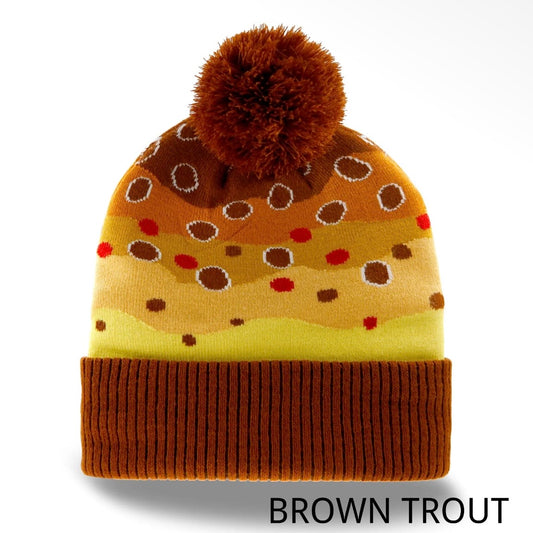 Trout Pattern Knit Beanie Hat with Pom