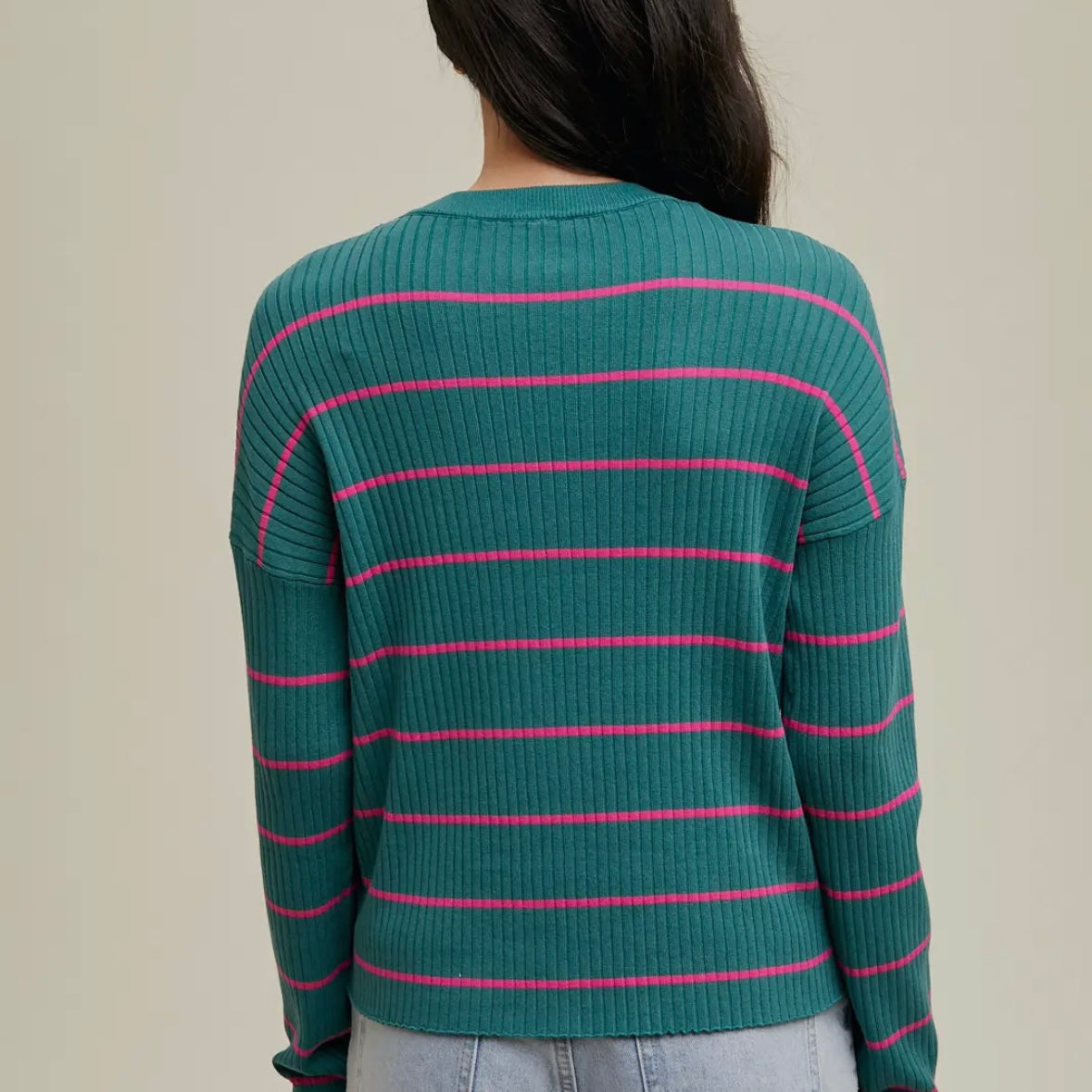 Striped Basic Ribbed Knit Sweater in Teal/Pink