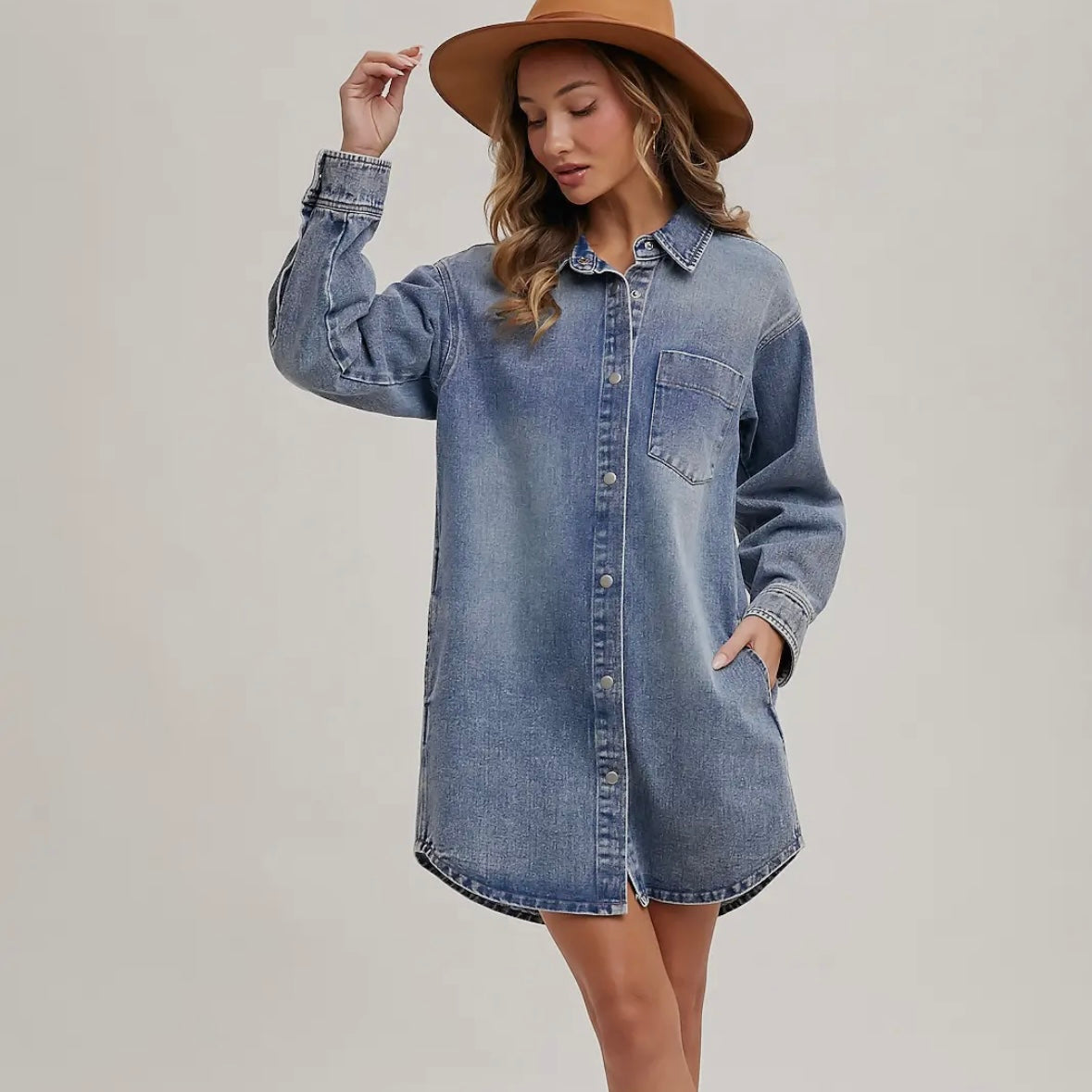 Denim Button Down Shirt Dress with Pockets