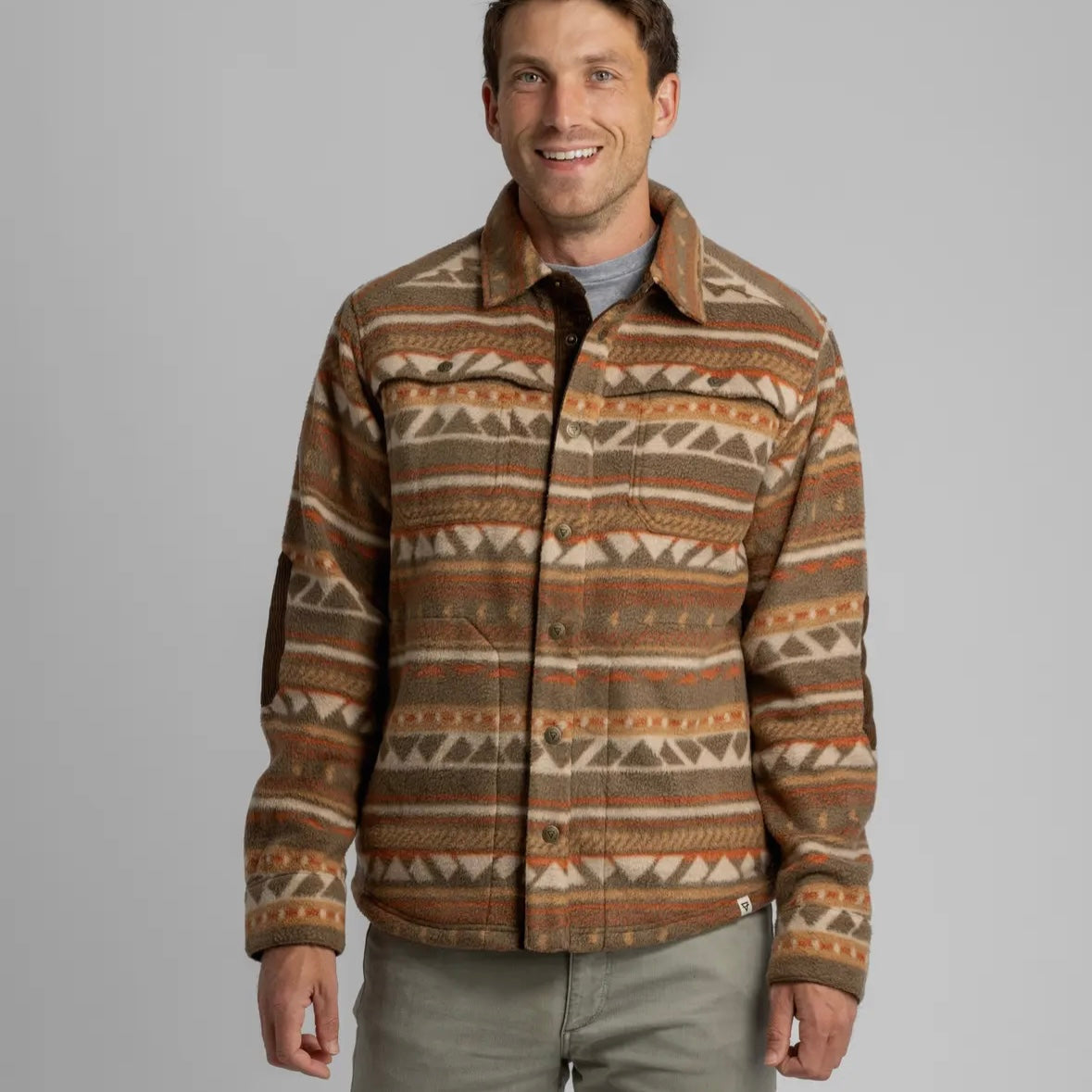 LIV Outdoors Men's Bear Pebbled Fleece Shirt Jacket in Print Sepia Aztec Stripe