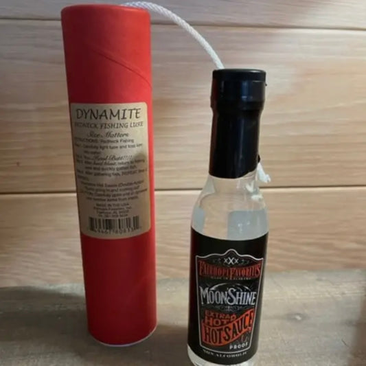 Dynamite Fishing Lures with A Bottle of Moonshine Hot Sauce