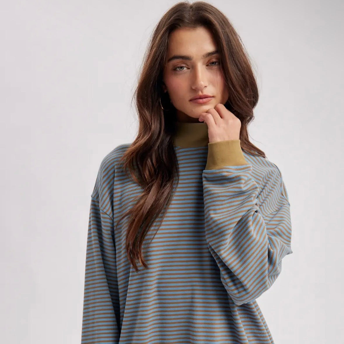 Striped Mock Neck Long Sleeve Knit Top - Camel / Blue