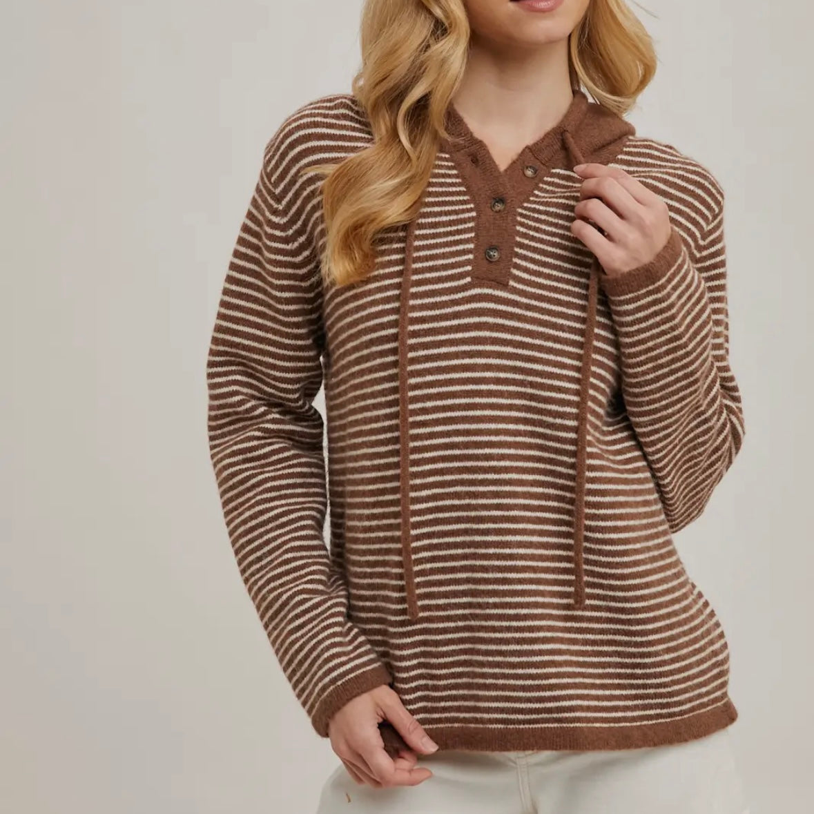 Henley Sweater with Hood in Mocha/Cream