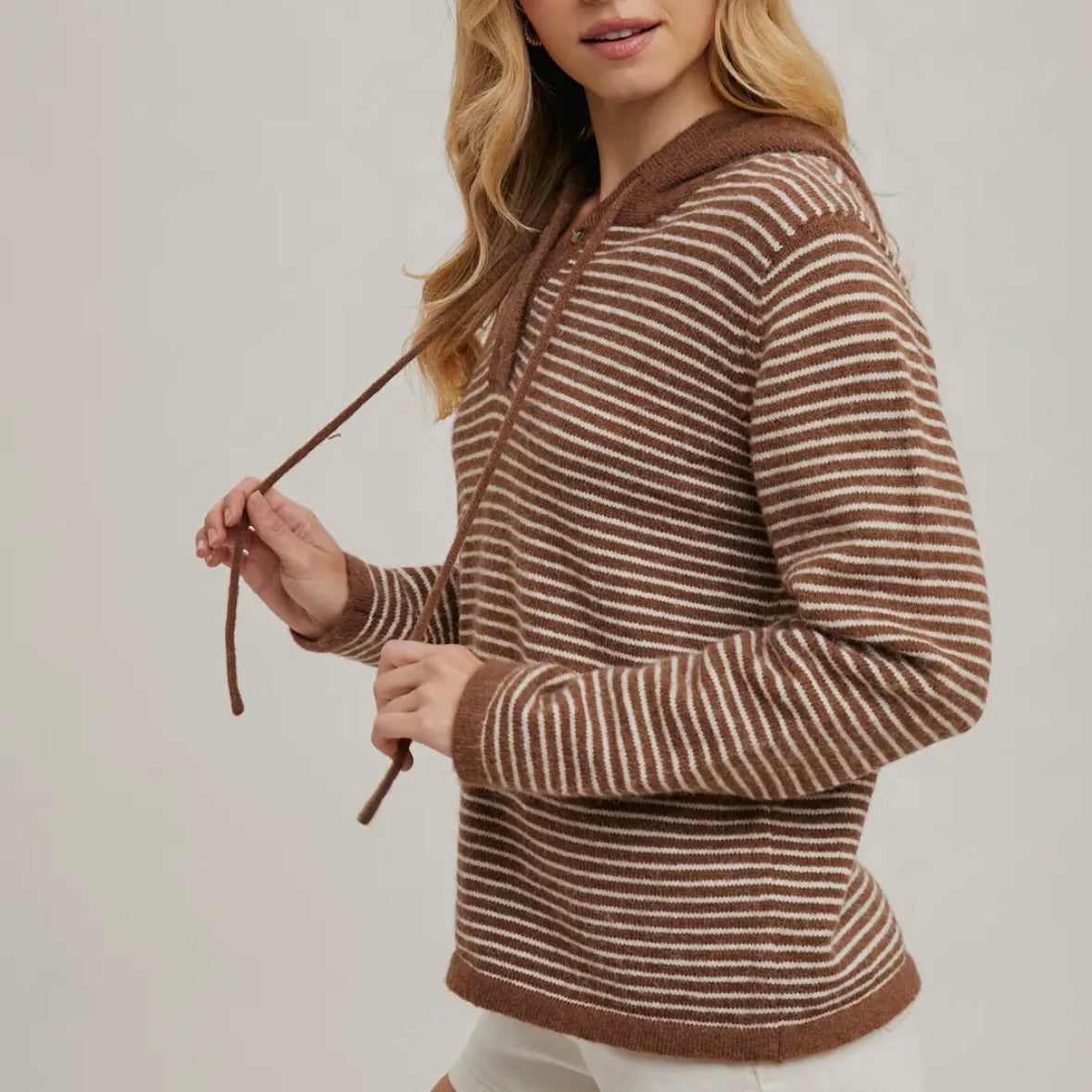 Henley Sweater with Hood in Mocha/Cream