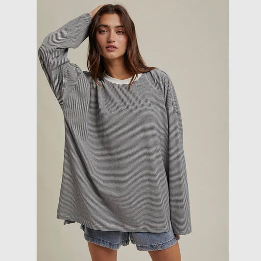 Oversized Striped Knit Top in Navy/White