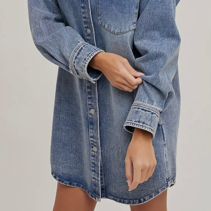 Denim Button Down Shirt Dress with Pockets