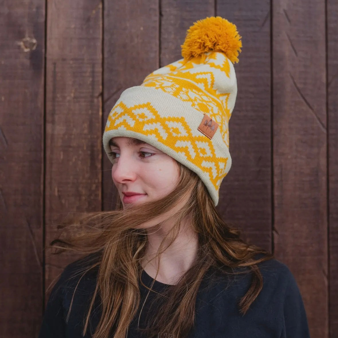 The Montana Scene Snowflake Pattern Pom Beanie - Mustard