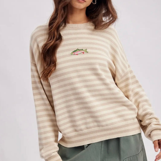 Striped Fish Coastal Graphic
Crew Neck Sweater - Taupe / Sand